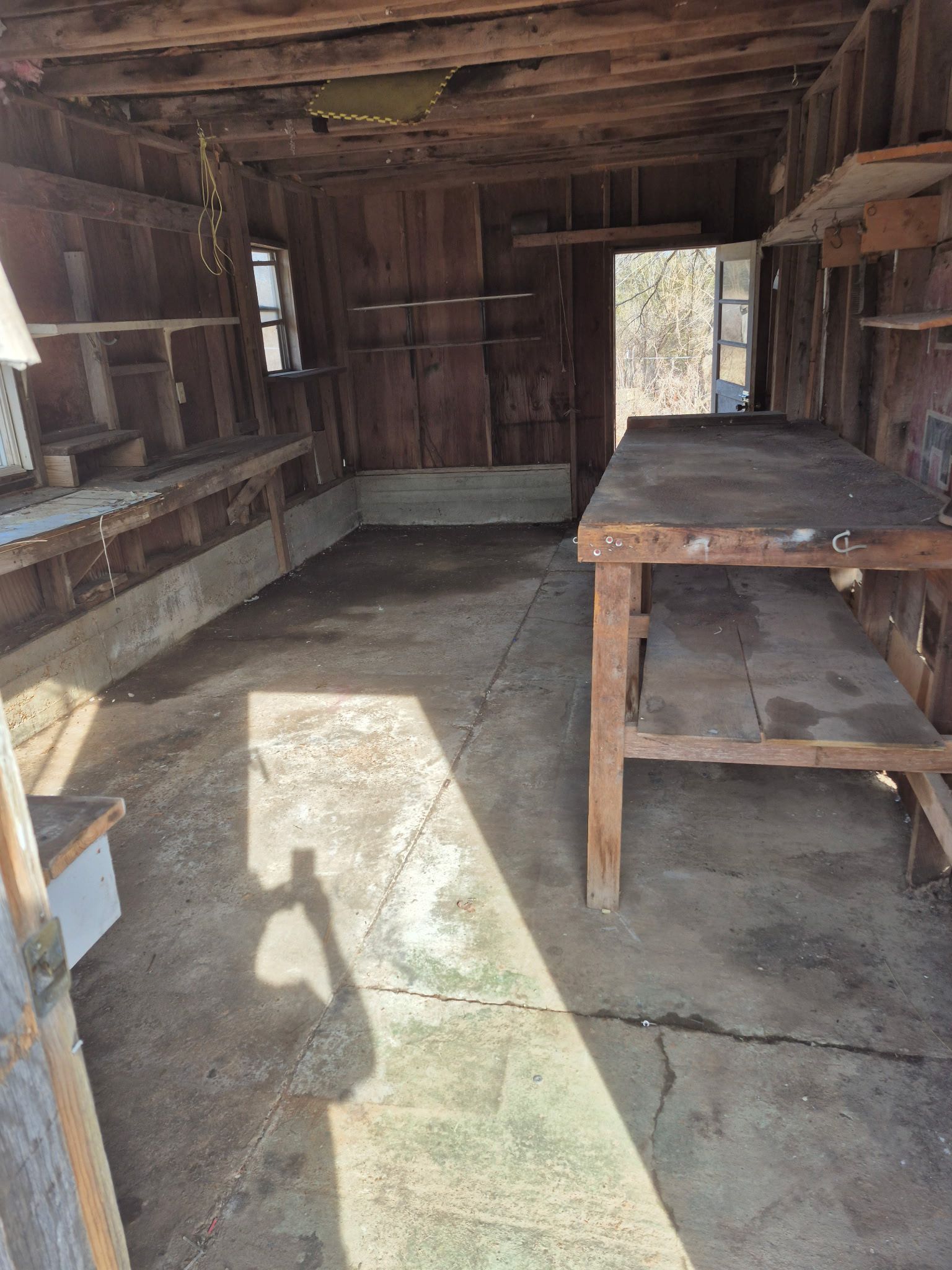 Dilapidated shed interior, concrete floor, open front, view of target practice area, dry foliage.