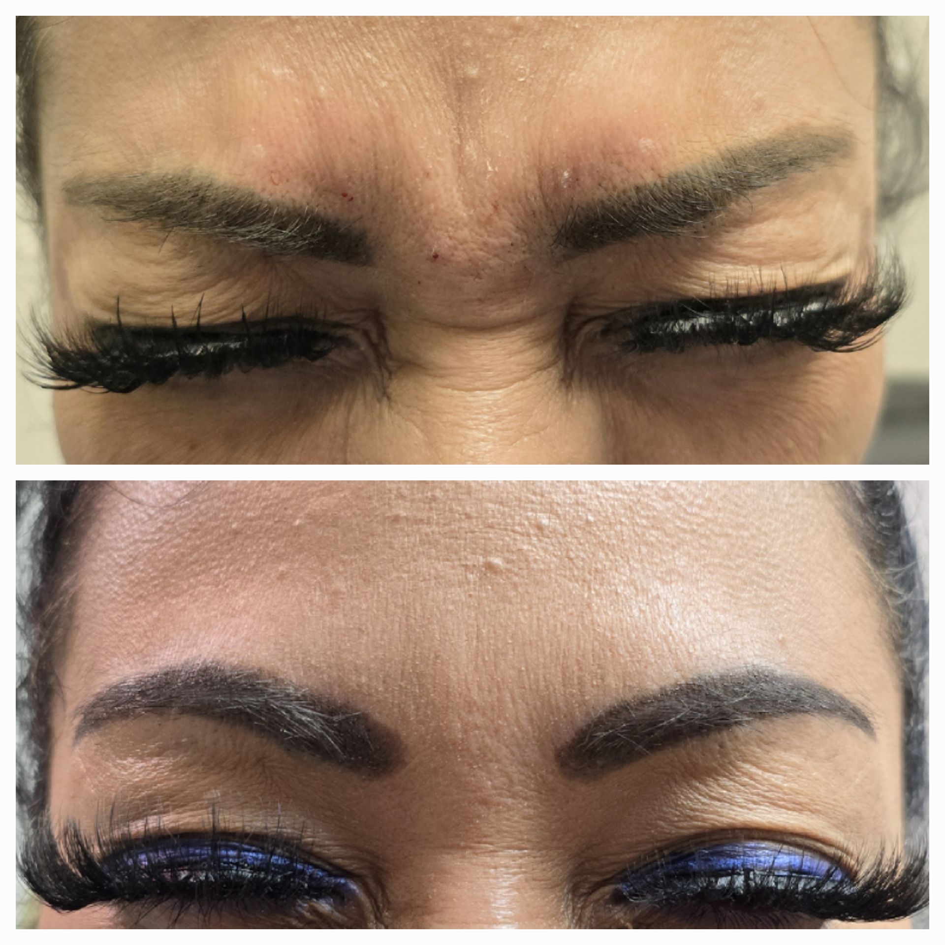 Close-up of two eyebrow makeup results, showing before and after with dark, shaped brows.
