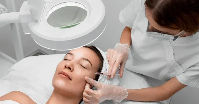 Beauty specialist applying treatment to a woman’s face under a magnifying lamp