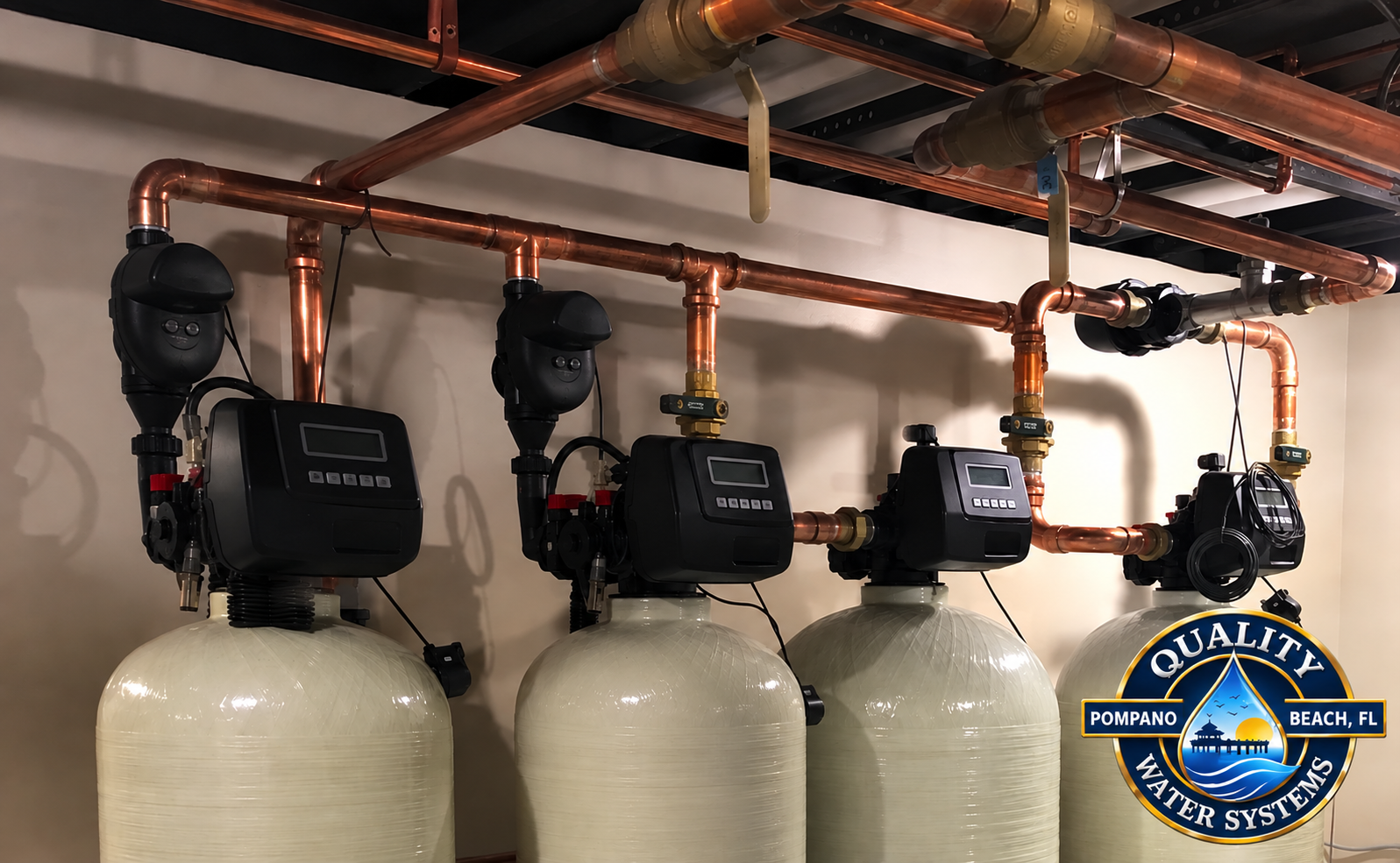 Row of water softener tanks with black control heads and copper pipes in a utility room
