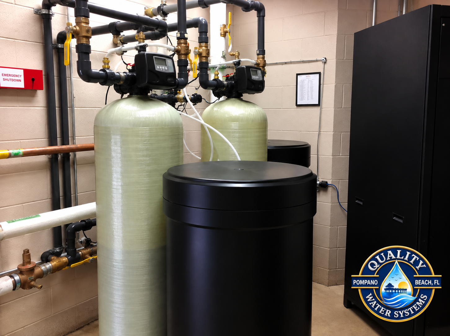Water filtration tanks and pipes in a utility room, with a black storage tank in front.