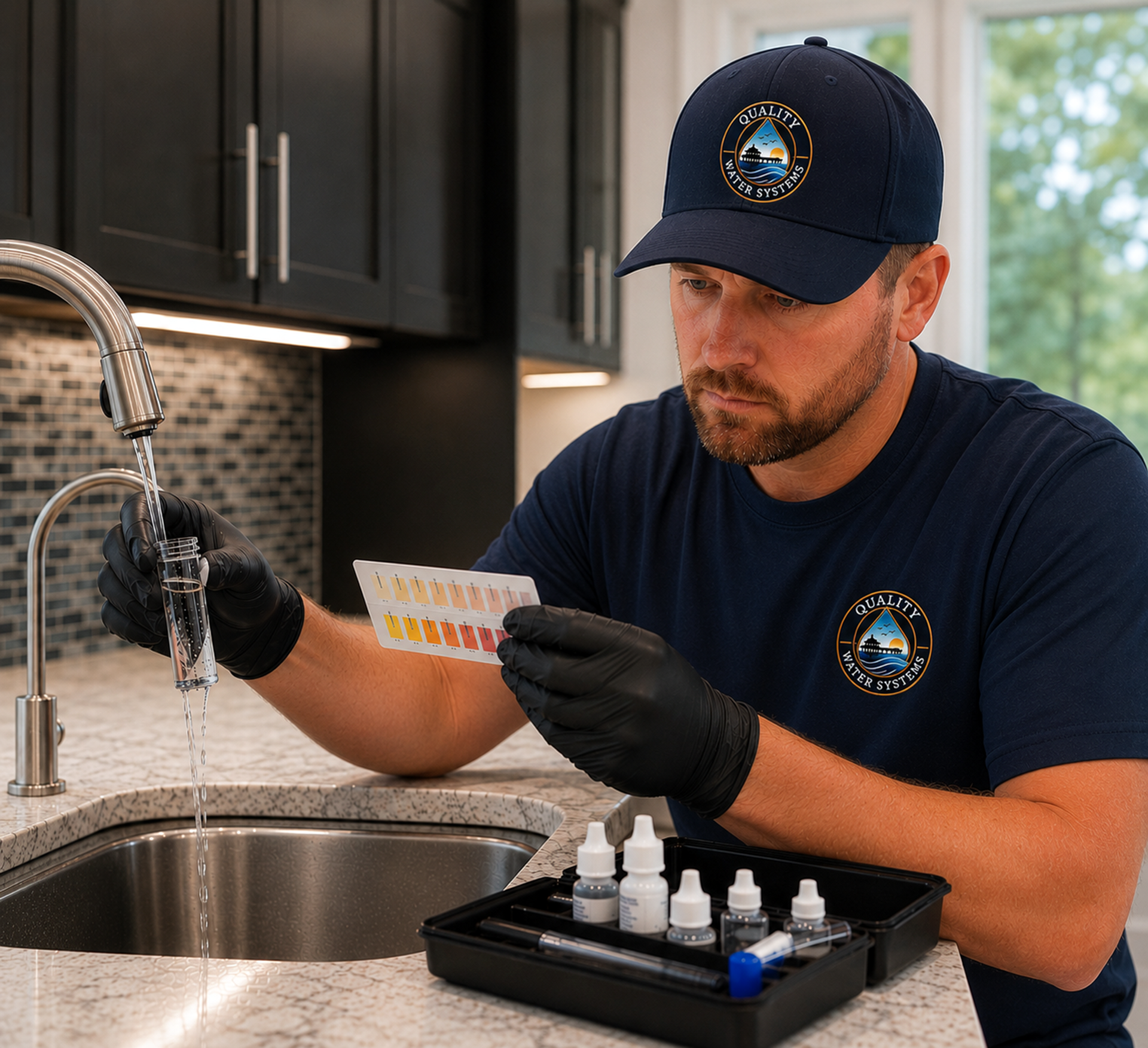 Technician in black gloves tests sink water with a test strip beside a kit of sample bottles.