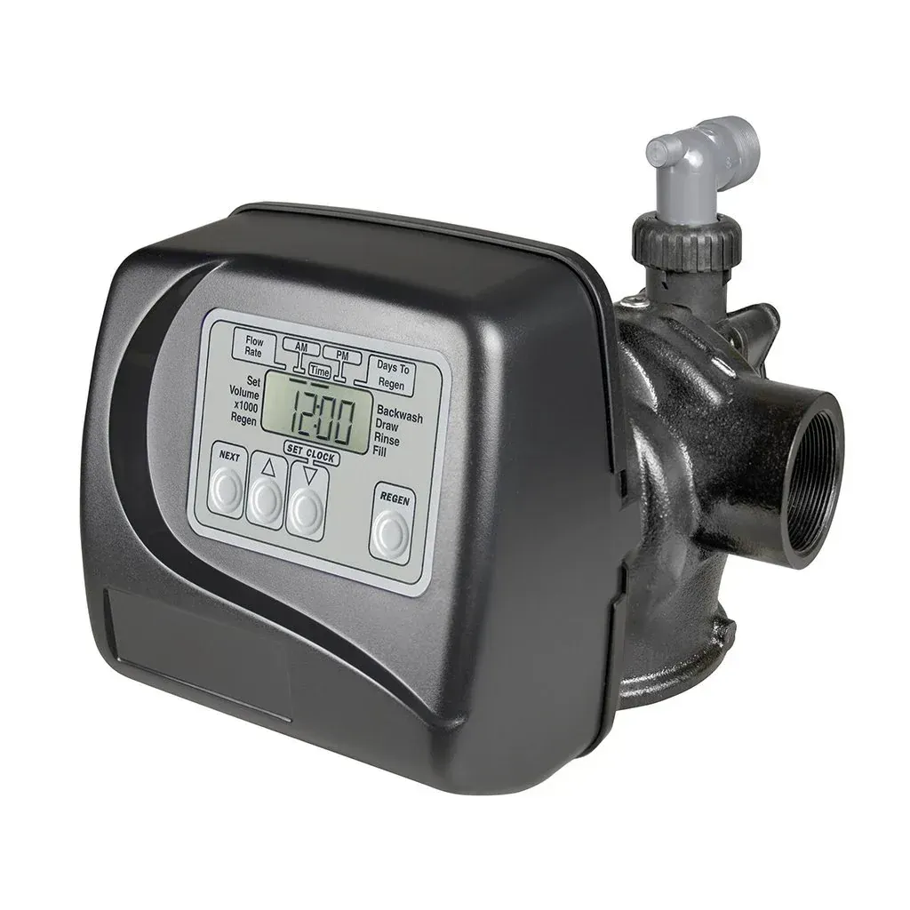 Black digital water pump controller with display and buttons attached to a metal pump assembly
