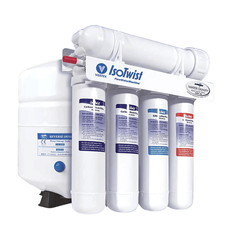 White Water filter purification system with multiple cartridge filters and a storage tank