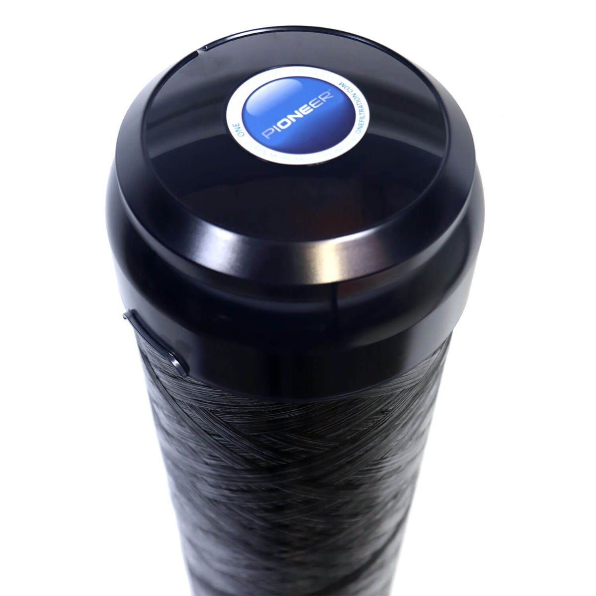 Close-up of a black Pioneer microphone handle with a blue circular logo on top.