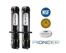 Two black water filter cartridges with NSF and water quality certification logos on white background.