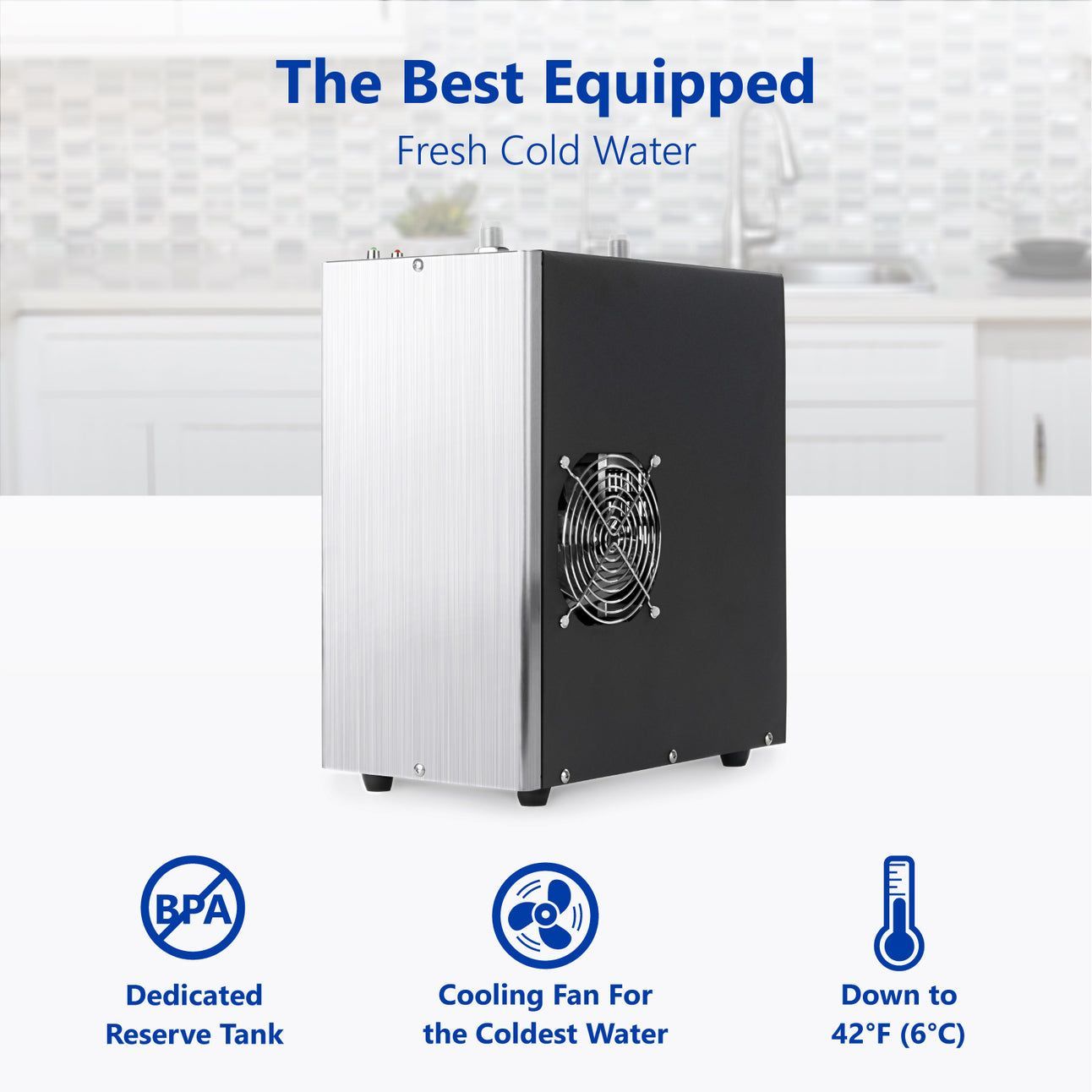 Black-and-silver water cooler with fan, labeled BPA-free dedicated tank and cold-water design