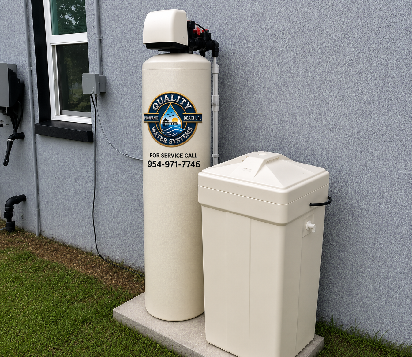 Beige water softener tank and salt bin beside a gray house wall and window.