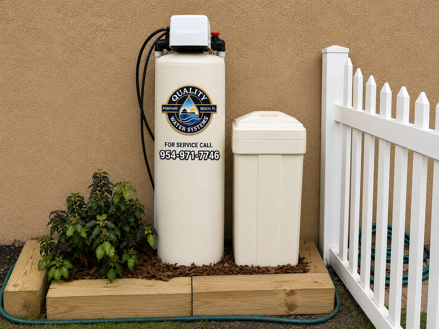 Two white utility cabinets beside a white fence on a wooden base against a beige wall