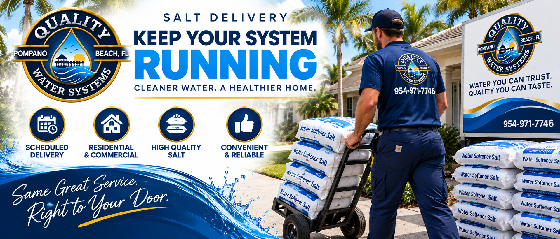 Blue-and-white banner with a worker loading salt bags, Keep Your System Running text, and quality seals
