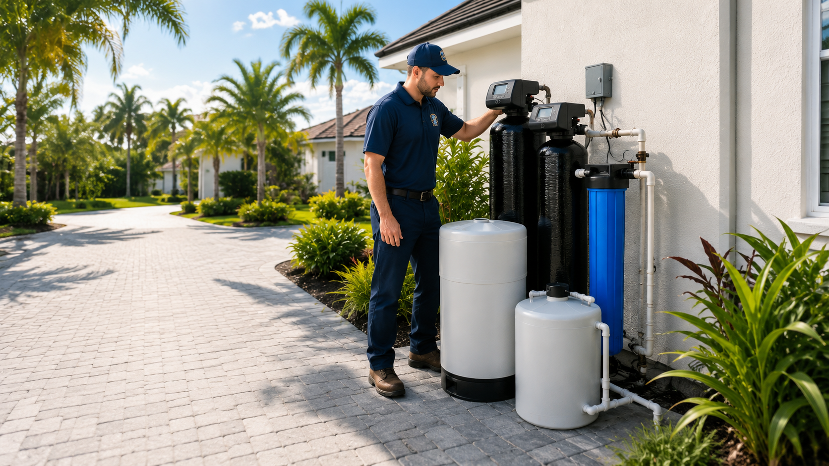 Technician servicing outdoor water filtration system beside a house on a sunny driveway