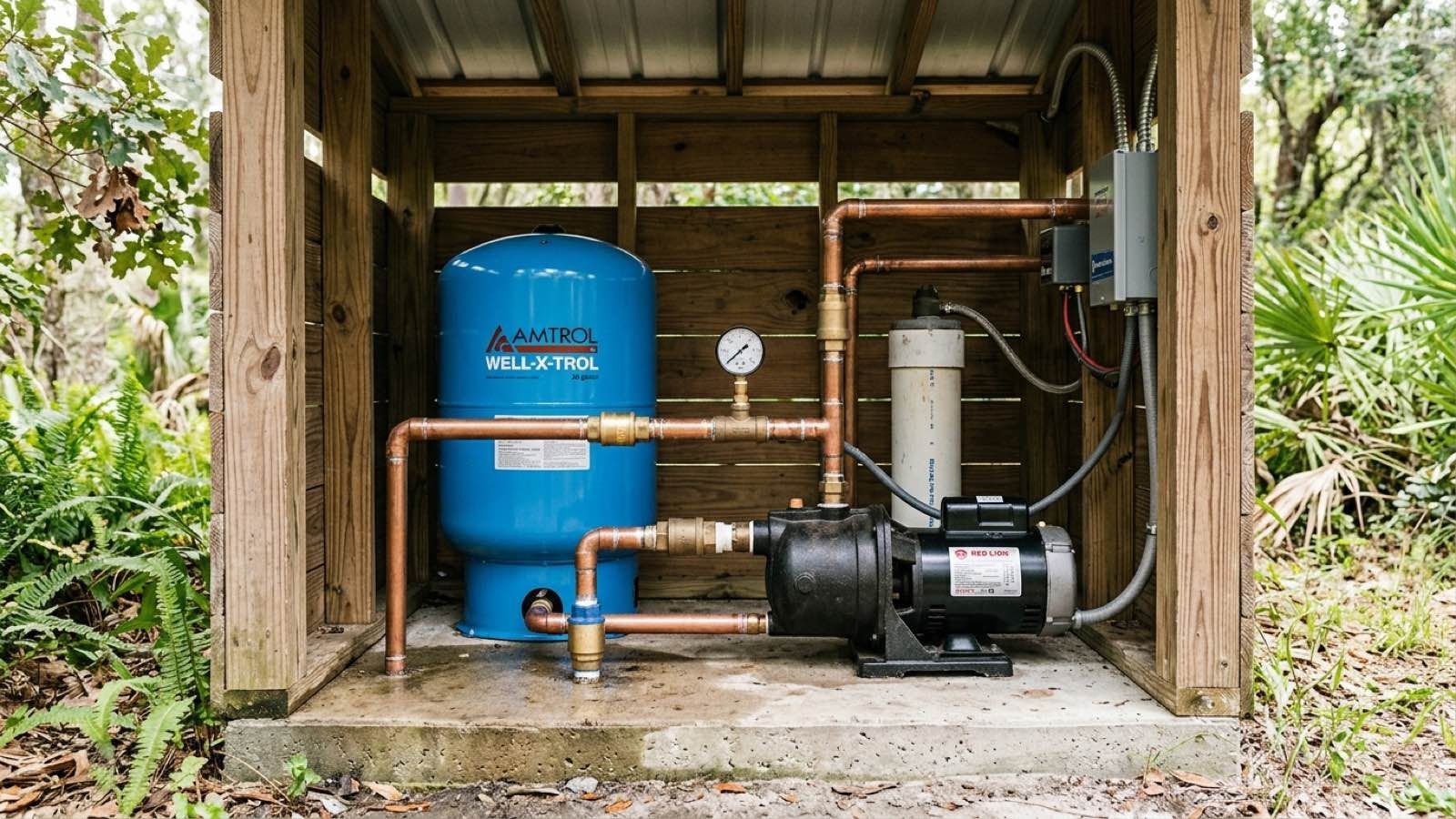 Blue water tank and pump system inside a small wooden shed.