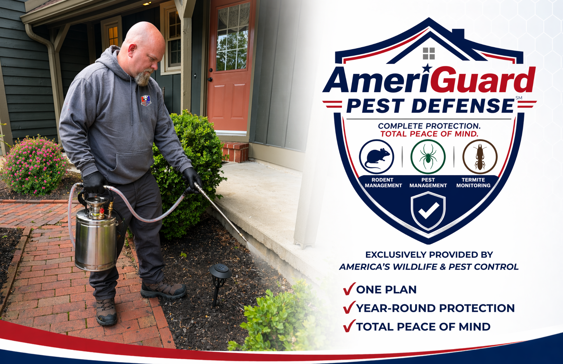 Technician spraying pest control treatment beside house with AmeriGuard Pest Defense logo and service bullets