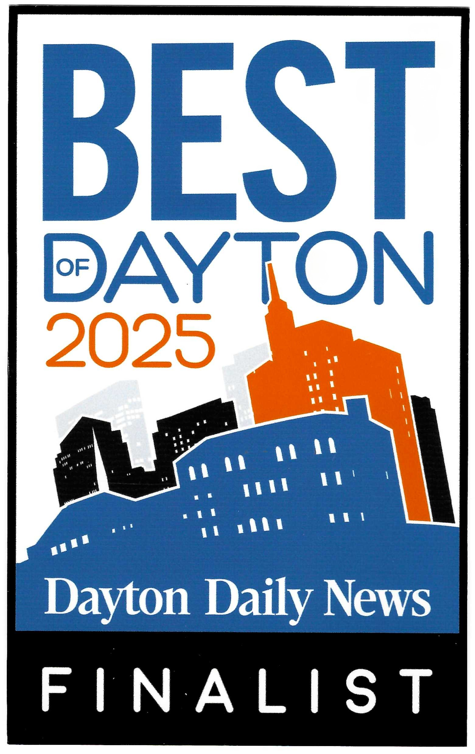 Best of Dayton 2025 finalist award logo: blue text, city skyline in blue/orange, Dayton Daily News logo.
