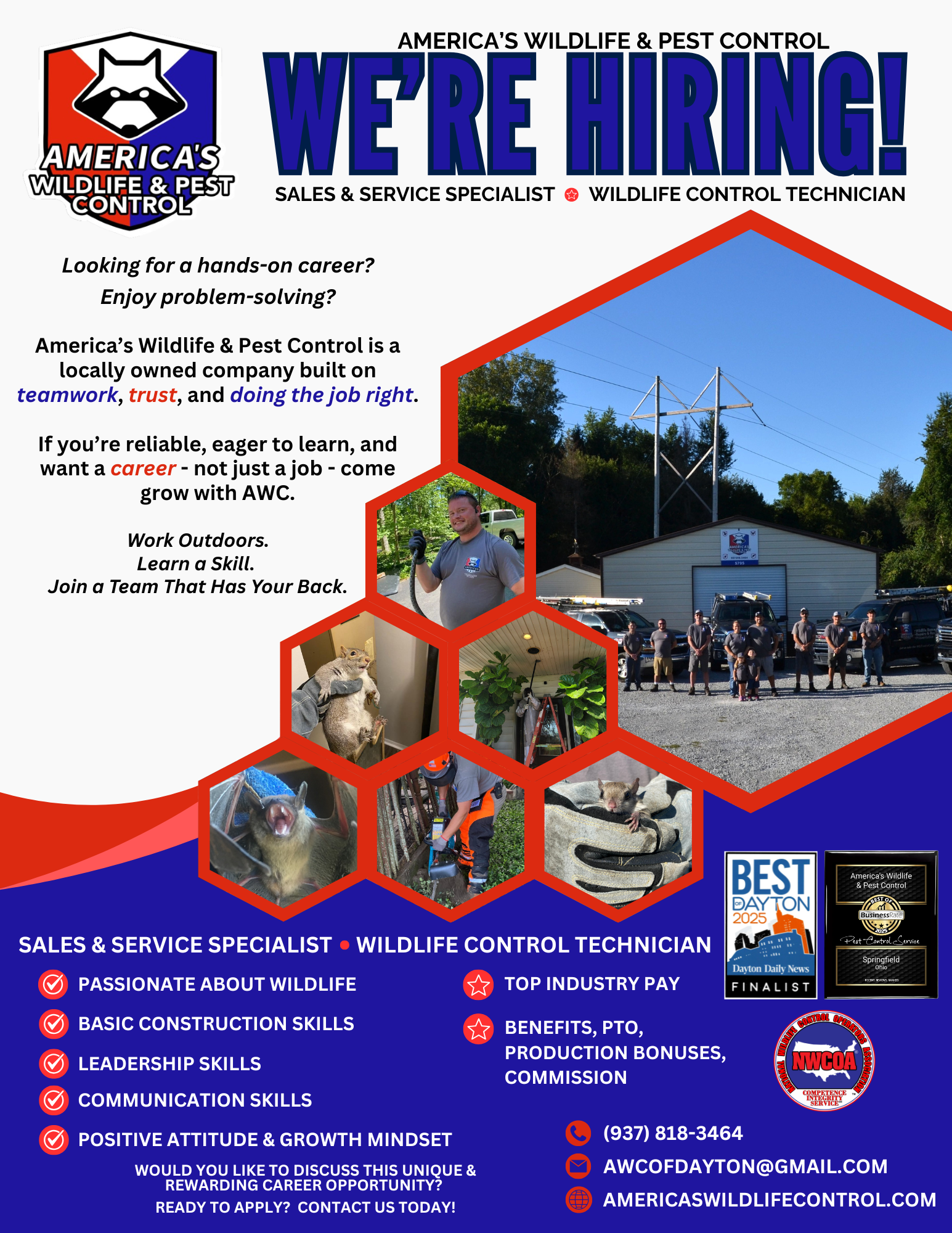 America's Wildlife & Pest Control is hiring sales & service specialists and wildlife control technicians.