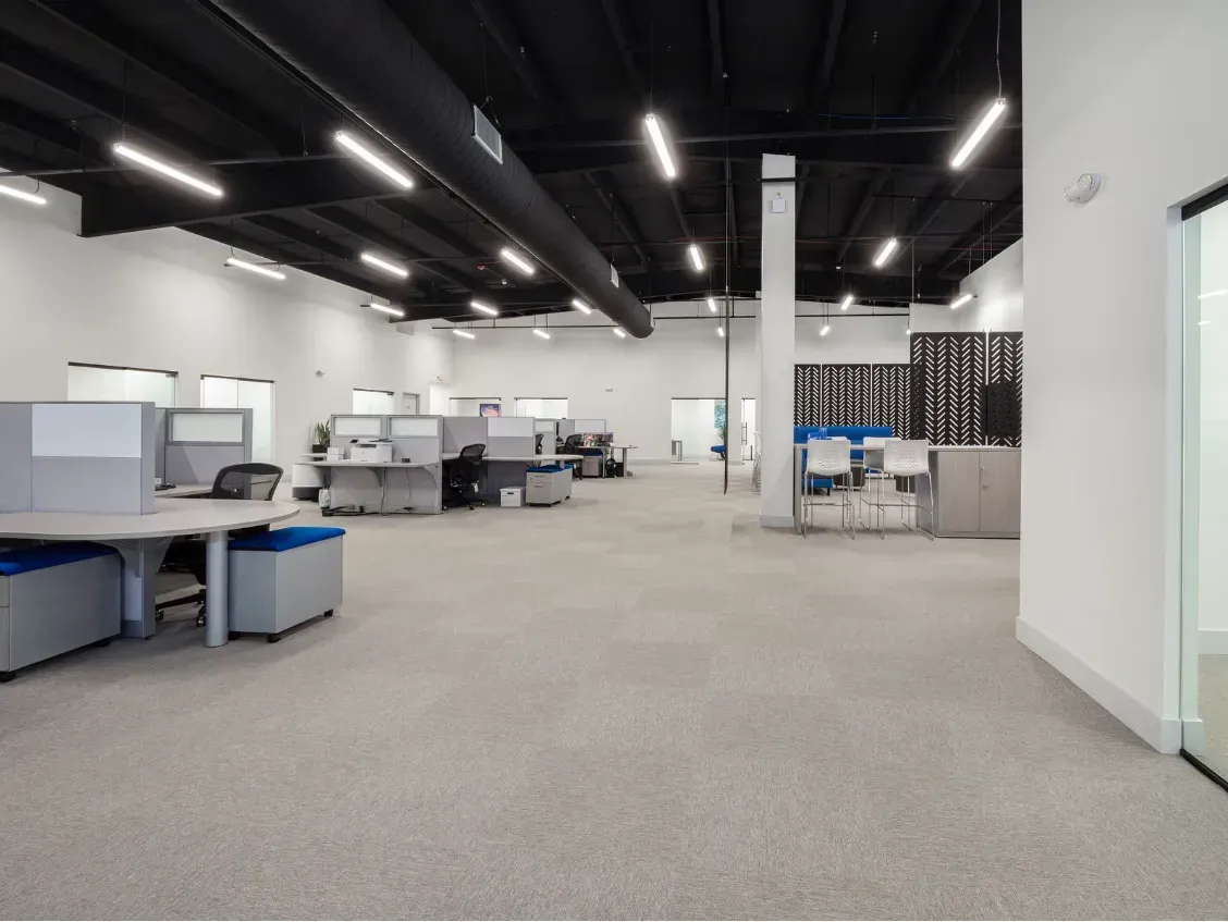 Spacious office interior with cubicles, gray carpet, black ceiling, and white walls.