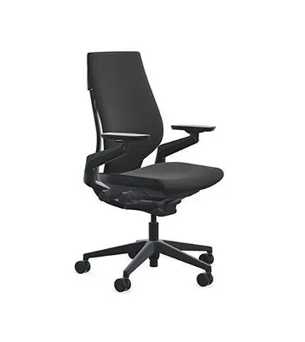 Black ergonomic office chair with adjustable arms, five-wheel base, and mesh back.