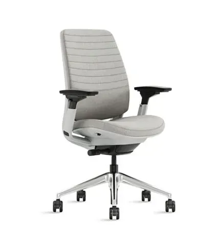 Gray office chair with a ribbed back, black armrests, and a chrome base.