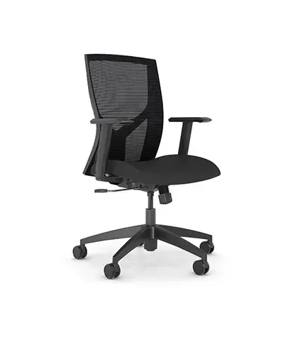Black mesh back office chair with adjustable armrests and base on wheels.