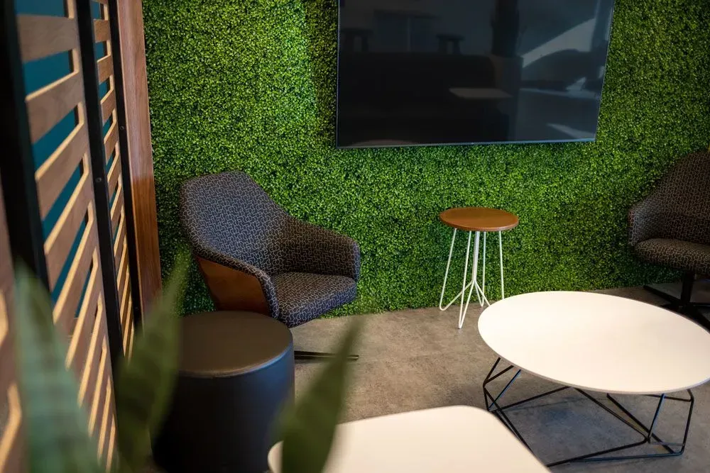 Seating area with a green wall, TV, and two patterned chairs around coffee tables.