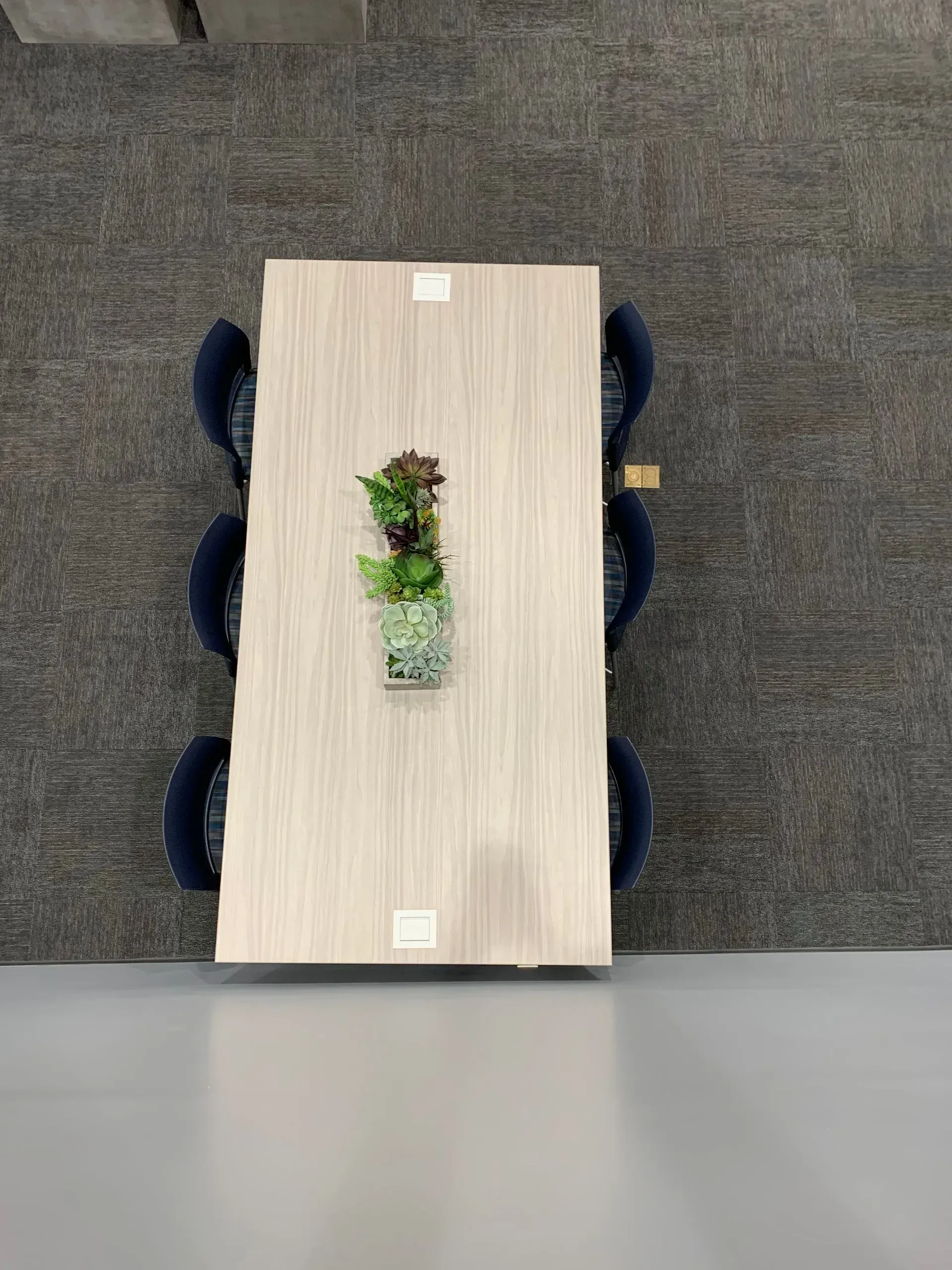 Overhead view of a rectangular wooden table with six blue chairs on a gray carpet. A small plant arrangement is on the table.