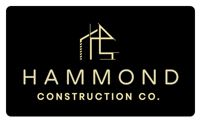 Black rectangle with gold text and architectural logo: Hammond Construction Co.