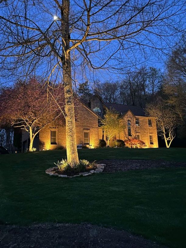 Illuminated stone house at dusk with lit windows, a large tree in front, and a dark lawn.