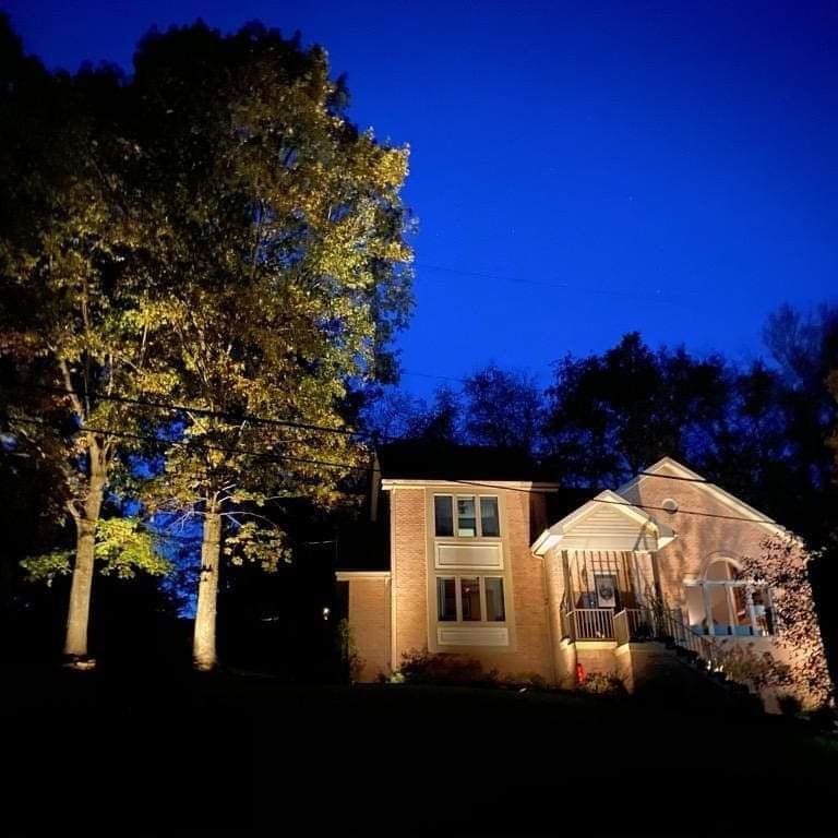 Well-lit house at night with a large tree and deep blue sky