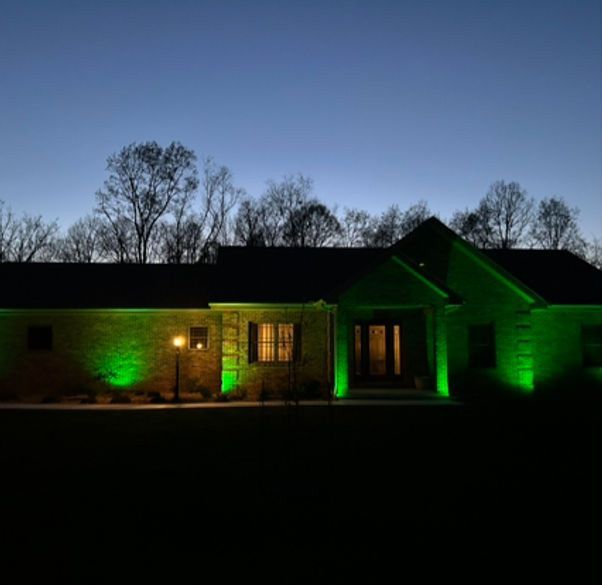 Single-story house at dusk lit with green landscape lights, silhouetted trees in the background.