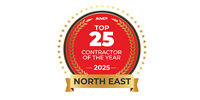 Red and gold award badge reading “Top 25 Contractor of the Year 2025” with “North East” at the bottom