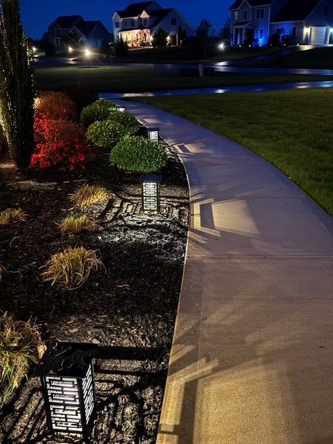 Curved front walkway lit by landscape lights beside trimmed shrubs at a house at night.