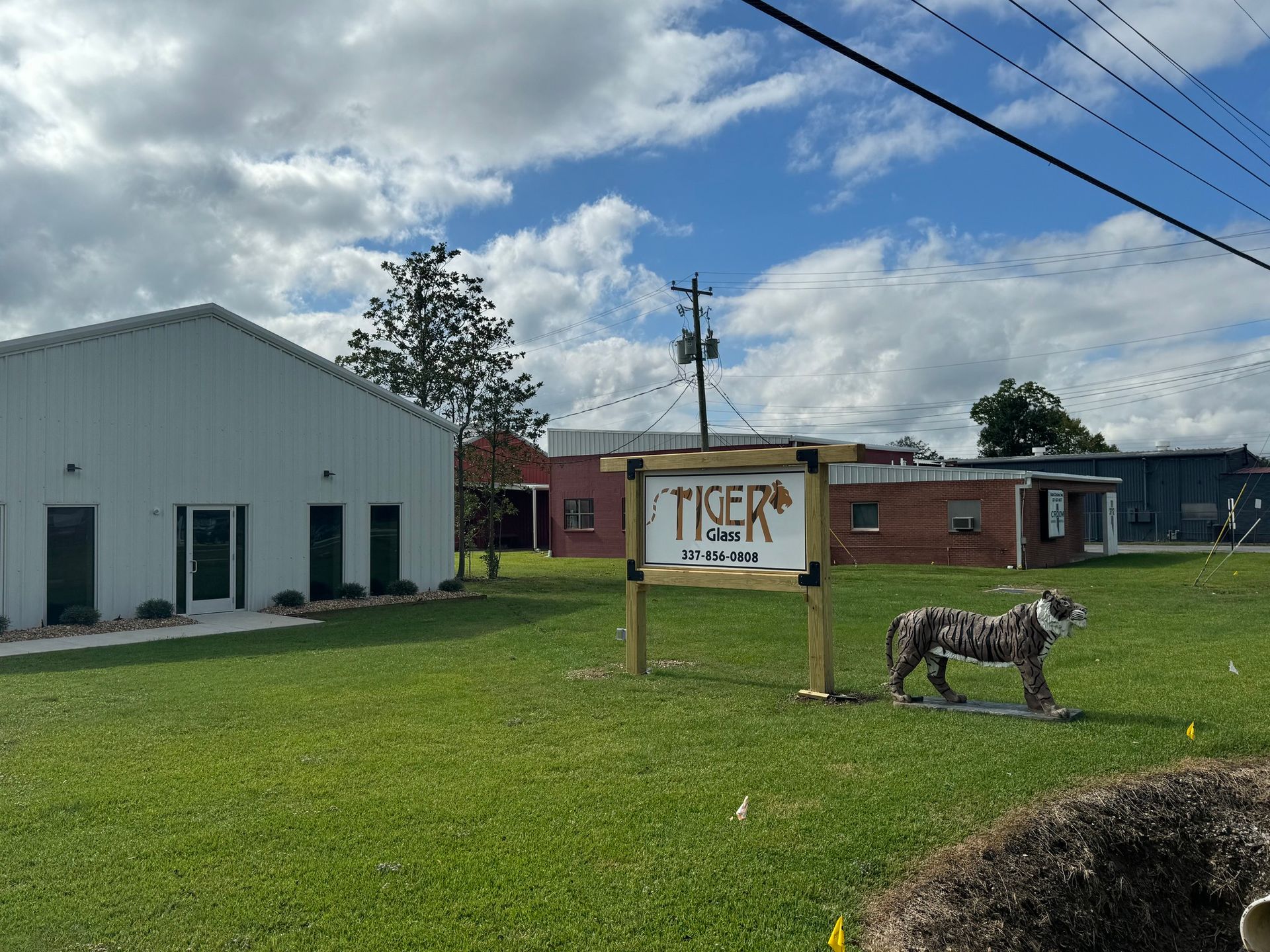 A statue of a tiger is in front of a sign that says tiger