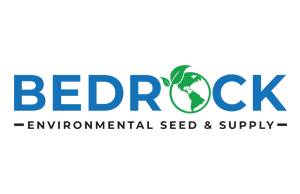 Logo for Bedrock Environmental Seed & Supply, featuring blue text and a green circular icon of the globe with a leaf.