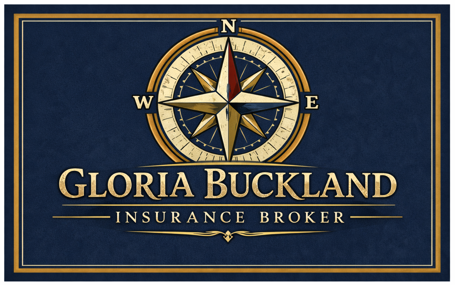 Logo for Gloria Buckland Insurance Broker, featuring a gold compass icon on a navy blue background.