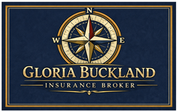 Logo for Gloria Buckland Insurance Broker, featuring a gold compass icon on a navy blue background.