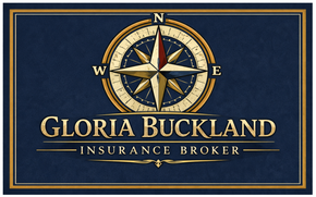 Logo for Gloria Buckland Insurance Broker, featuring a gold compass icon on a navy blue background.