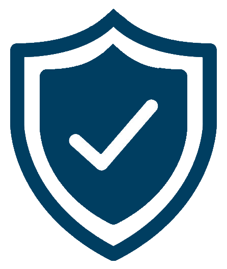 A dark blue shield icon with a white checkmark in the center, representing security or verification.