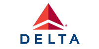 Delta Airlines logo with red triangle icon and blue wordmark on white background