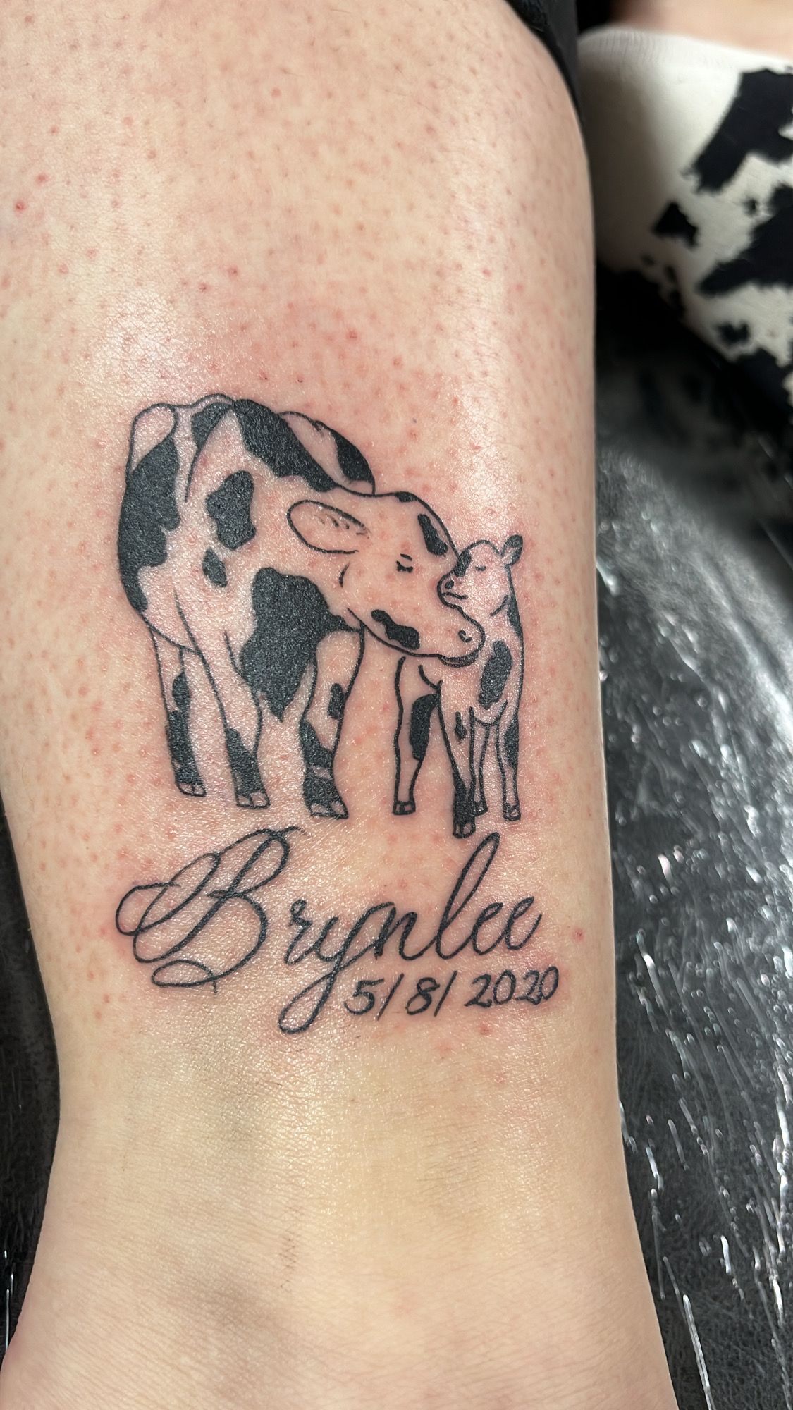 A woman has a tattoo of a cow and her baby on her leg.