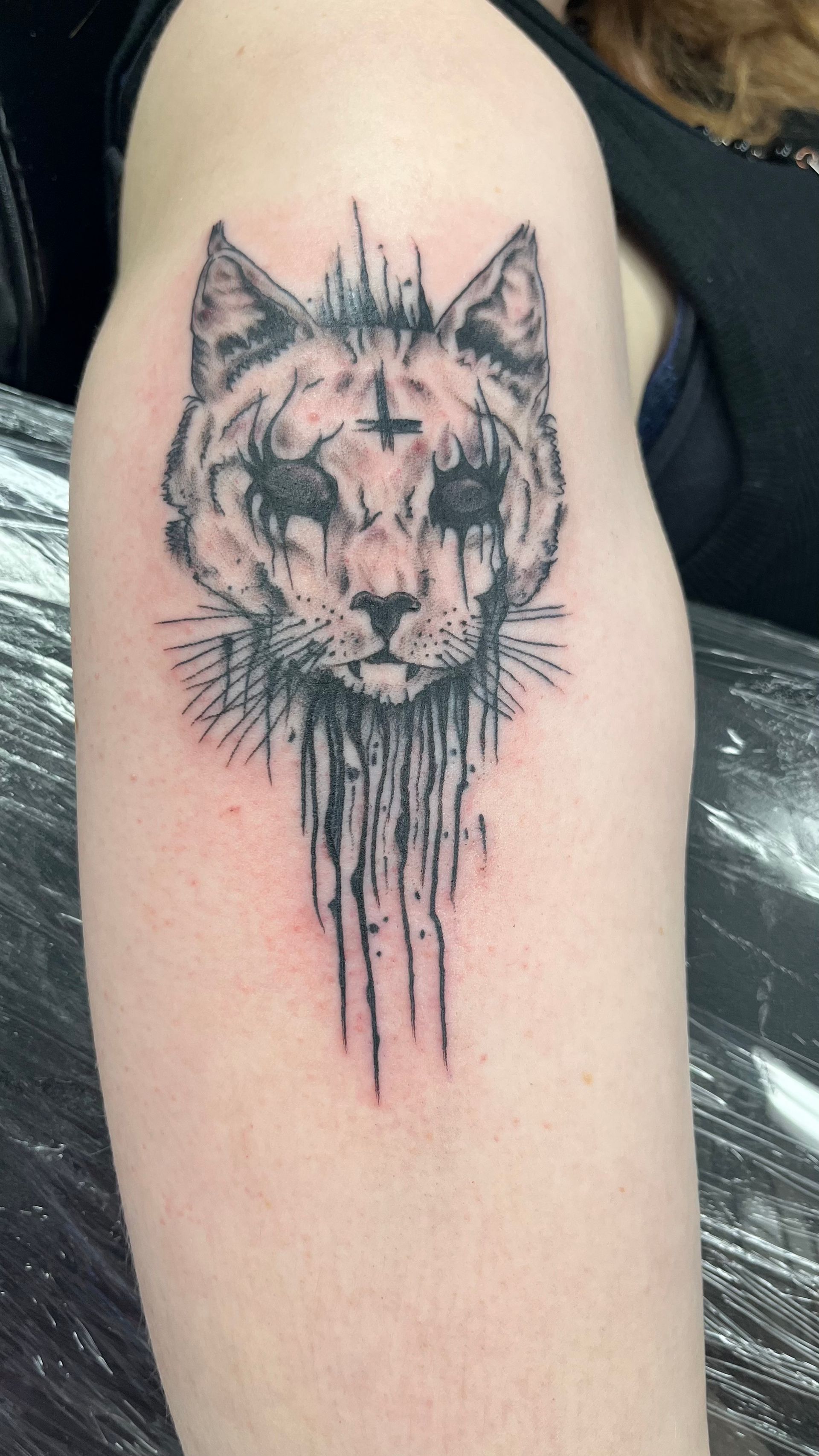 A person has a tattoo of a cat on their arm.