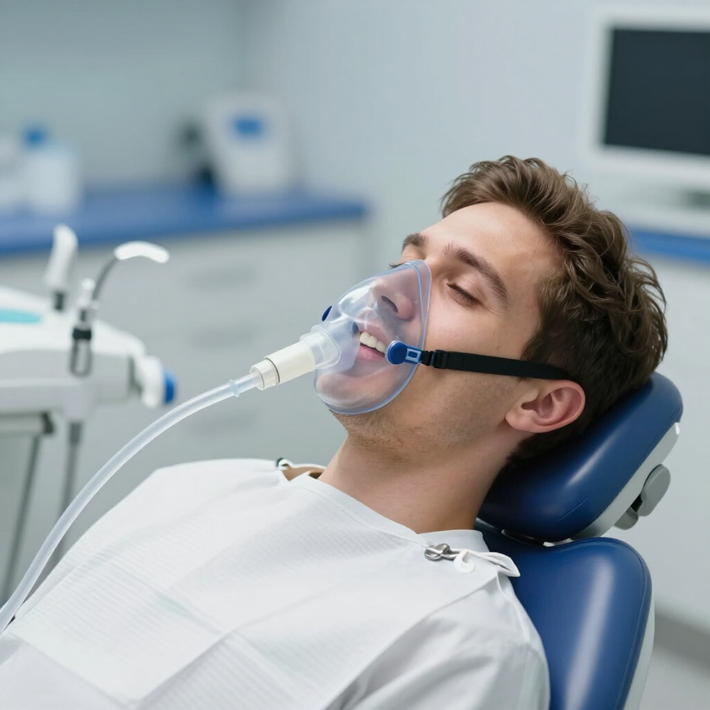 A dentist performs a dental procedure on a young patient in an office, using a handheld instrument inside their mouth.