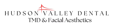 Logo for Hudson Valley Dental, featuring black text with a red abstract graphic above the word "Valley."