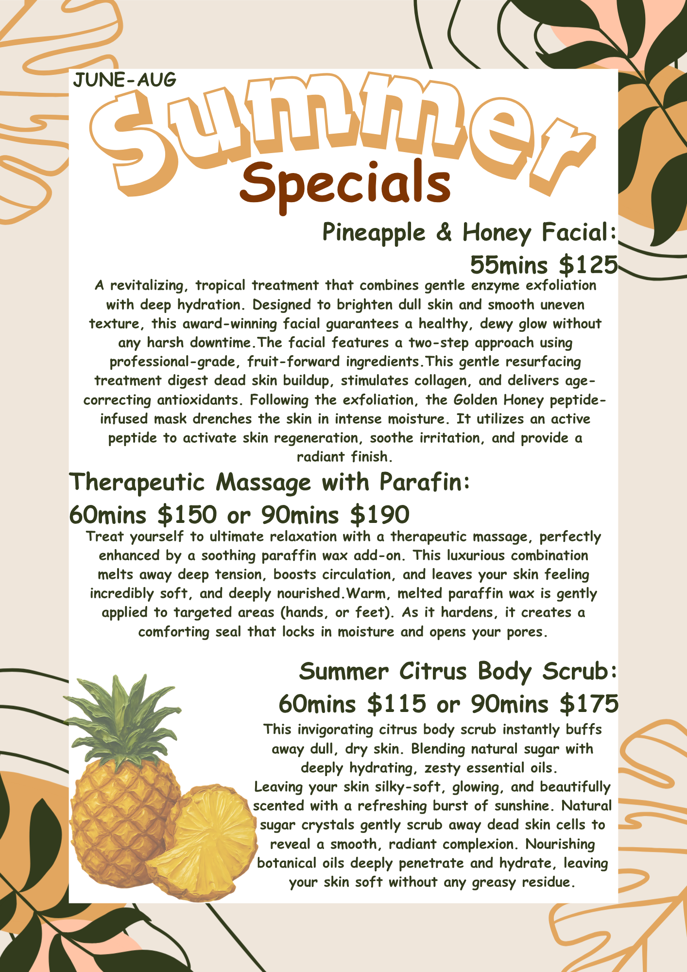 A spa menu listing three spring special treatments: Matcha Facial, Green Tea Therapeutic Massage, and Firming Sea Body Scrub.