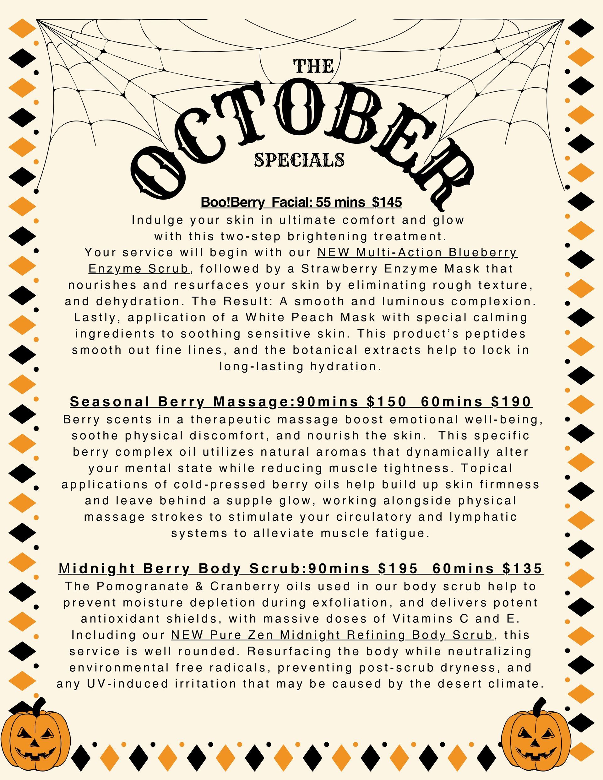 Vintage October-themed flyer with black text, orange accents, pumpkins, and diamond border decorations