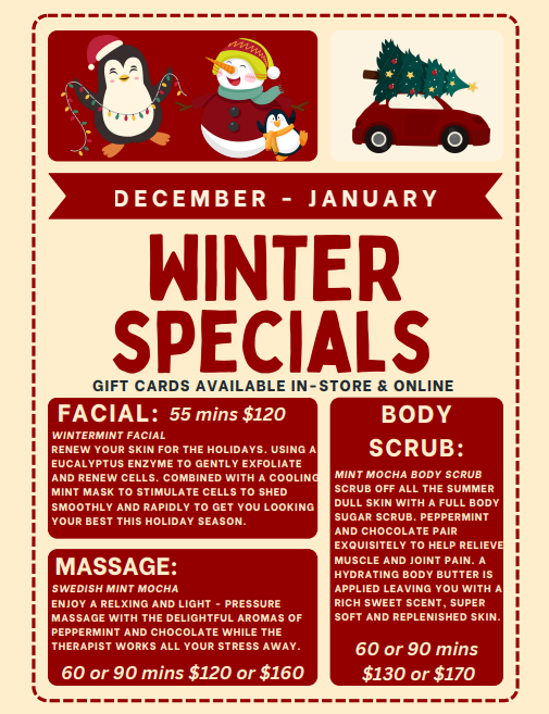Winter specials advertisement with penguin and holiday themes. Includes facial, body scrub, and massage deals.