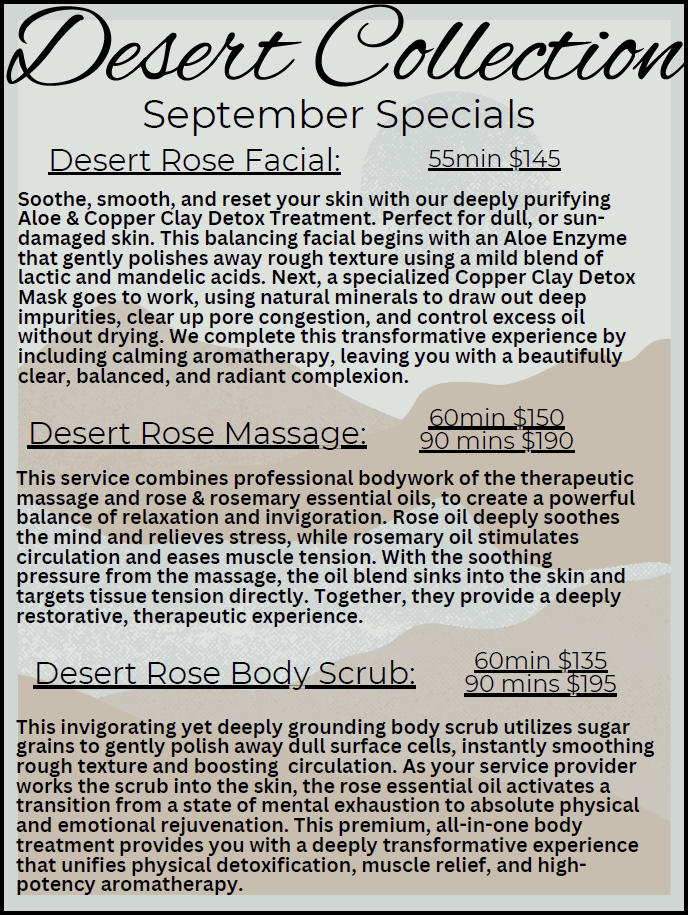 September specials flyer for Desert Collection facial, massage, and body scrub treatments