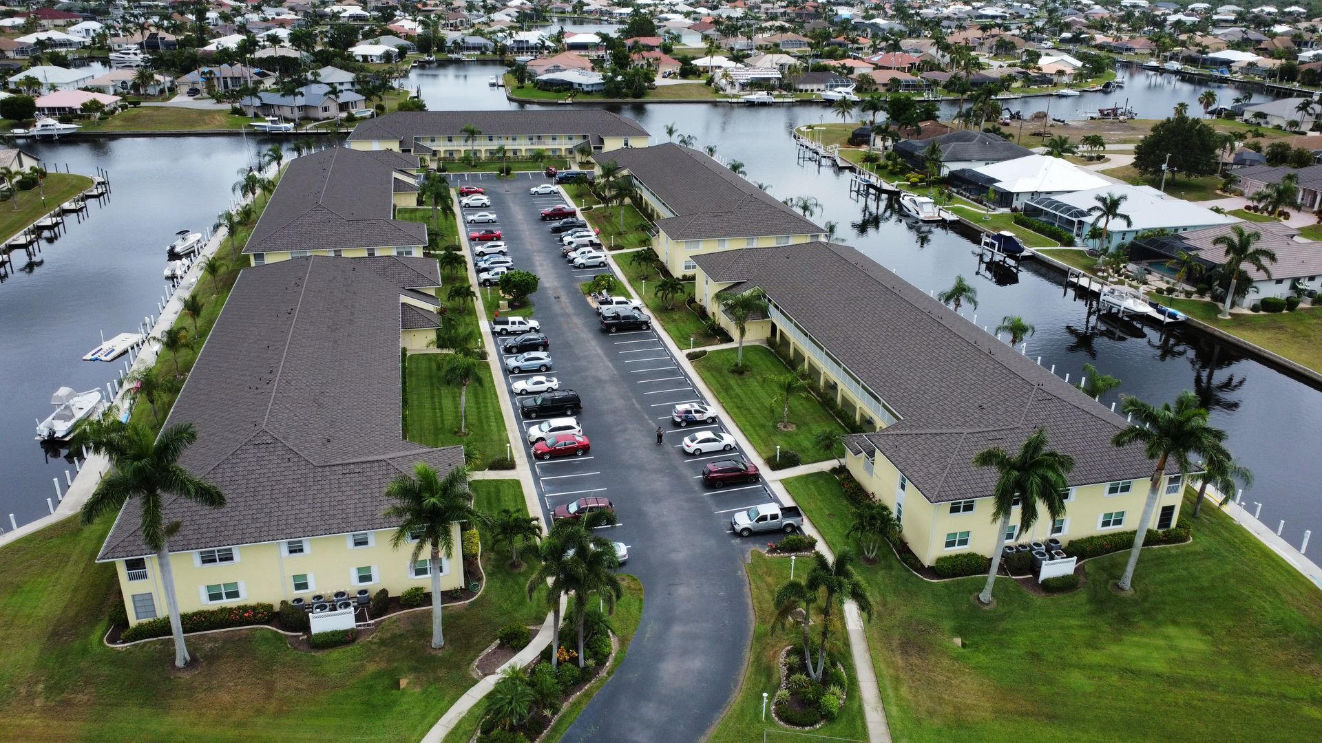 An aerial view of a residential area with lots of buildings