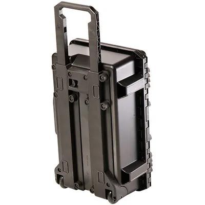 A black pelican case with wheels and a handle on a white background.