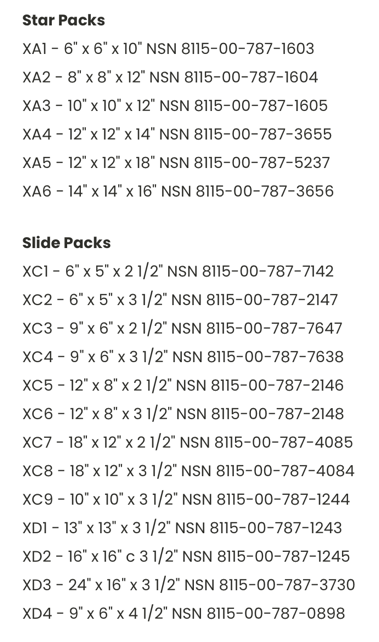 A list of Star and Slide Packs with dimensions and NSN numbers.