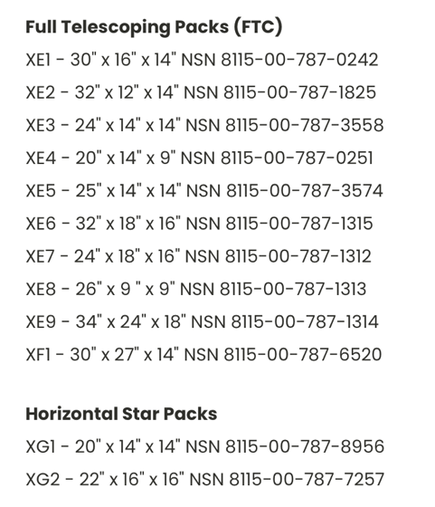 Listing of Full Telescoping Packs (FTC) and Horizontal Star Packs with dimensions and NSN codes.
